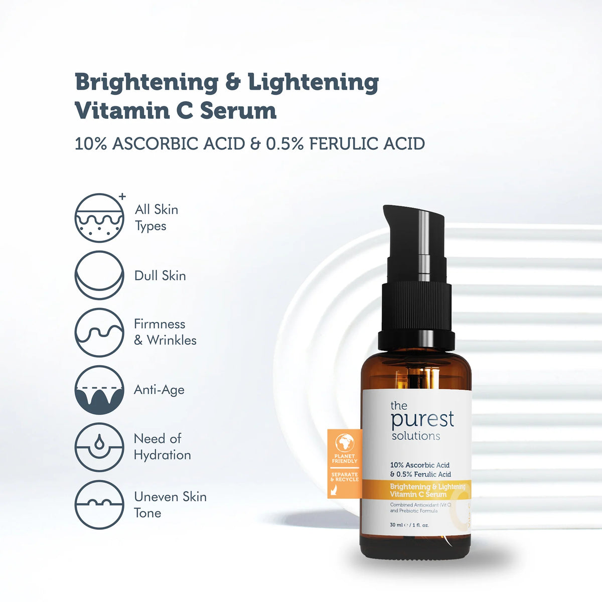 Brightening&Lightening Vitamin C Serum - 10% Ascorbic & 0.5% Ferulic acid - 30mL